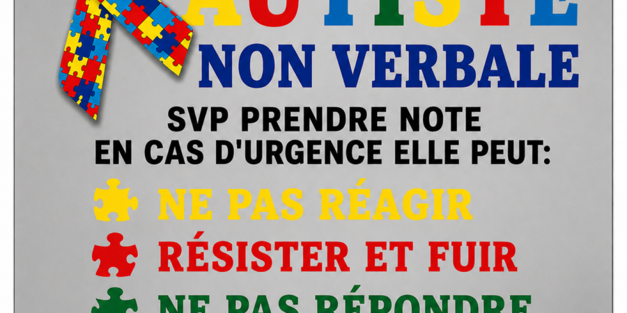 Vignette autocollante personne autiste non verbale affichant les réactions possibles en situation d’urgence afin d’aider les secours à intervenir rapidement auprès d’un enfant ou adulte TSA