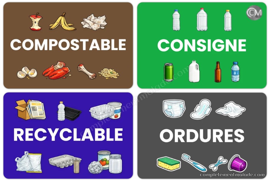 Autocollants COMPOSTABLE-CONSIGNE-RECYCLABLE-ORDURES